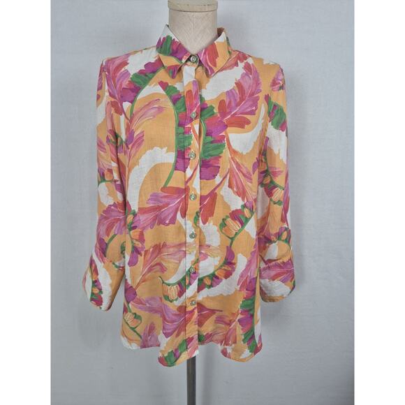 Chico's Linen Shirt Top Women 1.5 US 10 Colorful Floral Spellout Orange Pink - Picture 1 of 7